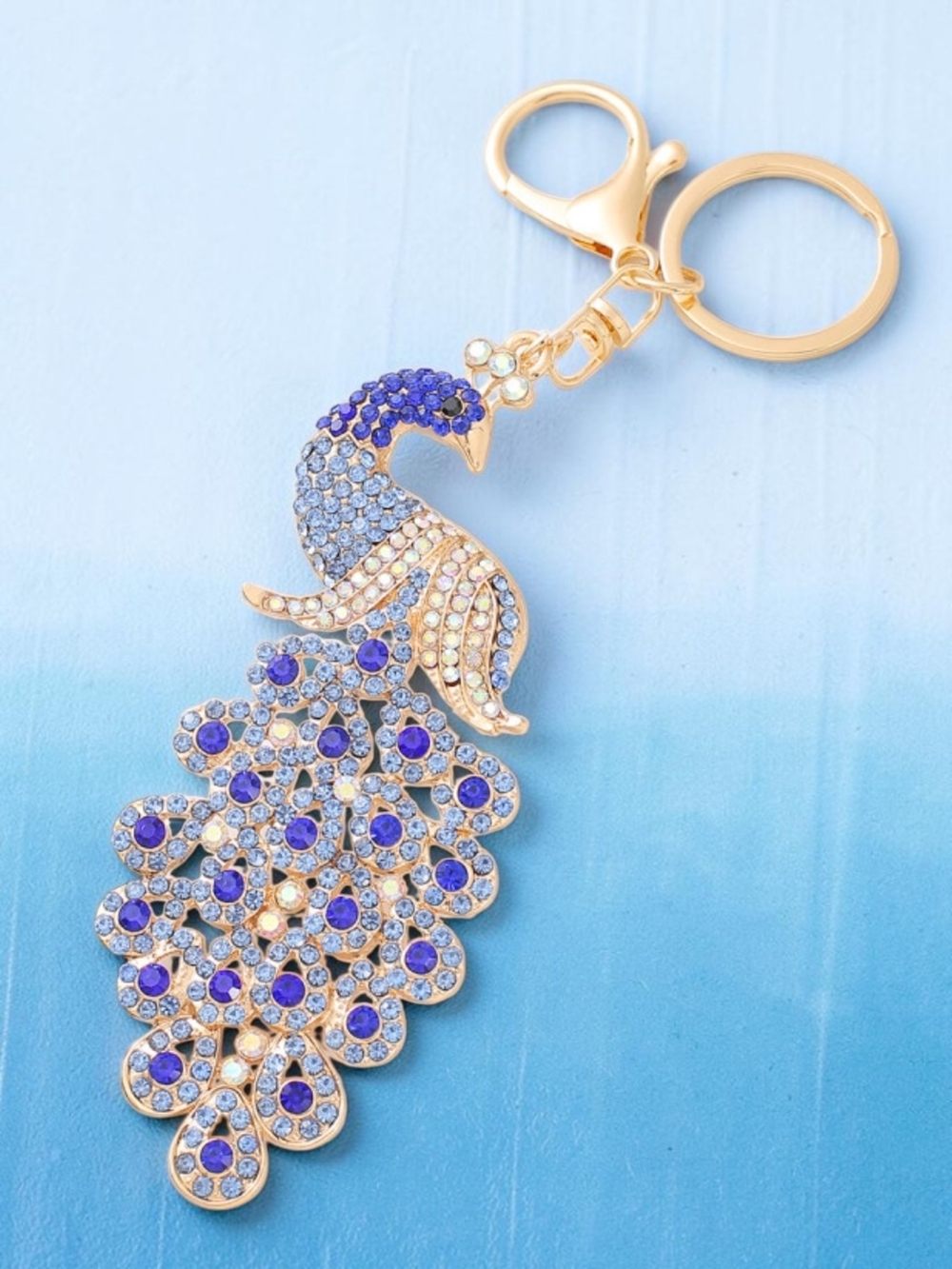Gold-Tone Blue Crystal Peacock Keychain Bag Charm